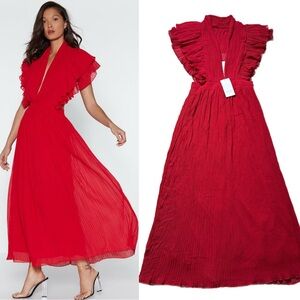 NEW Ivivi Red Deep V Halter Pleated Chiffon Ruffle Midi S Christmas Party